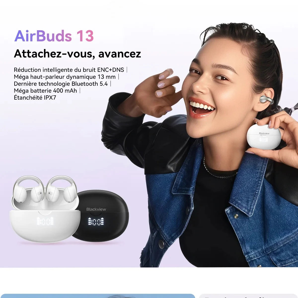Blackview AirBuds 13 – Écouteurs Sans Fil TWS Bluetooth 5.4 – Driver 13 mm – IPX7 Étanchéité – Design Clip-On à Conduction d’Air