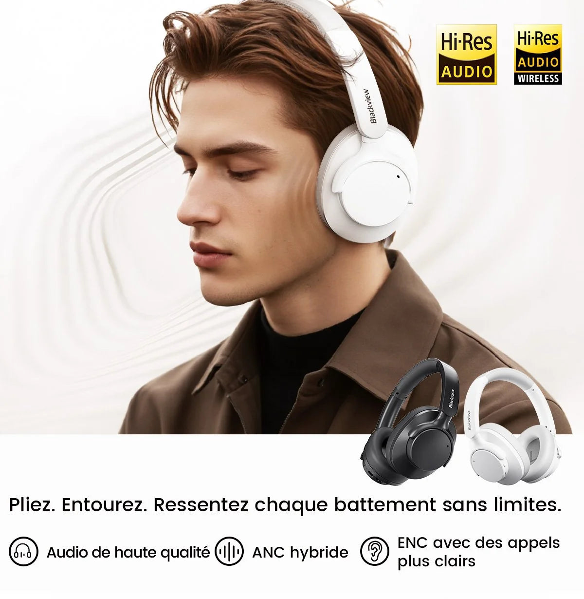Blackview FitBuds H1 – Casque Bluetooth Over-Ear Hi-Res avec ANC Hybride – 65 Heures d’Autonomie – Bluetooth 5.4
